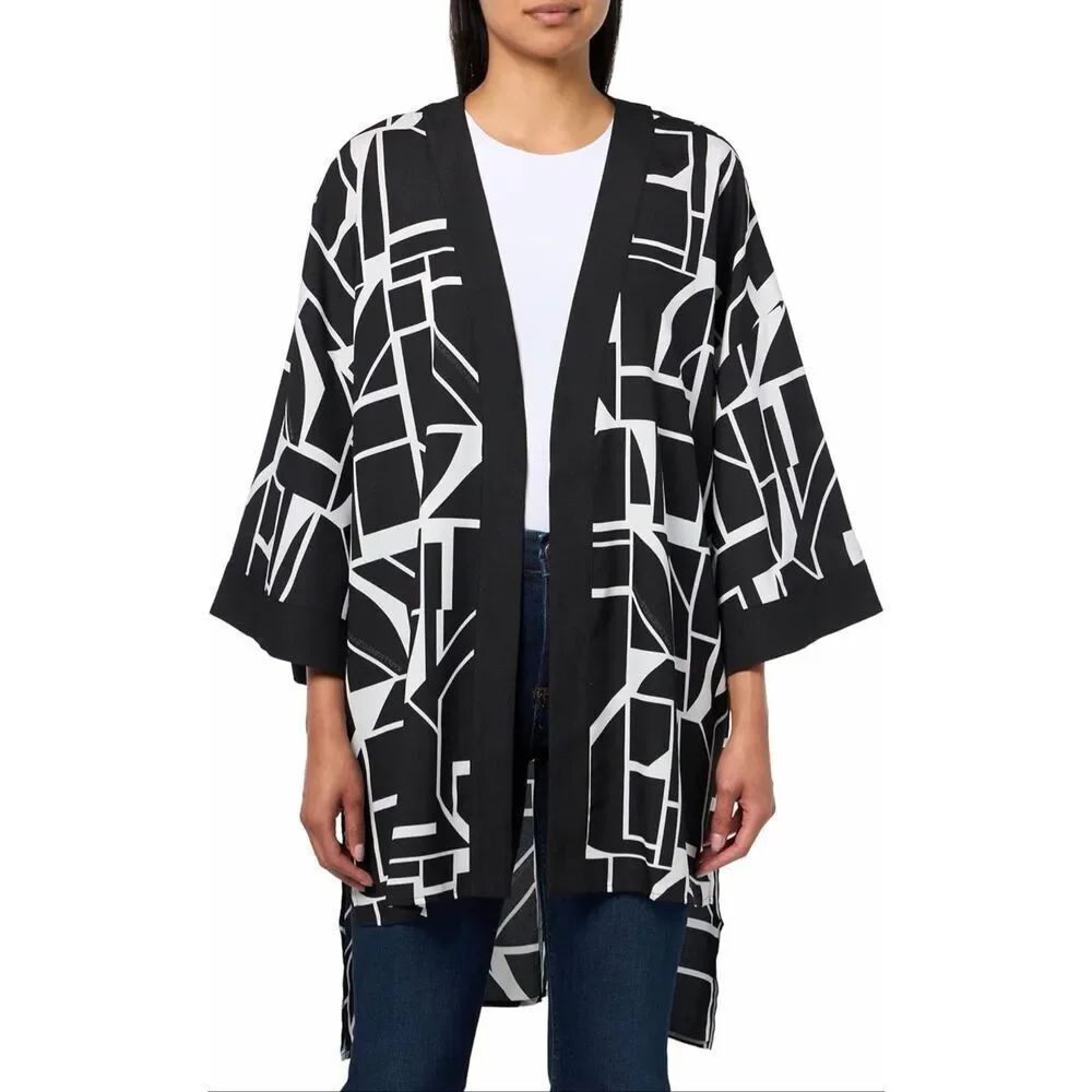 KARL LAGERFELD Women's Lightweight Layering Colorblock Geometric Blk Whte Kimono